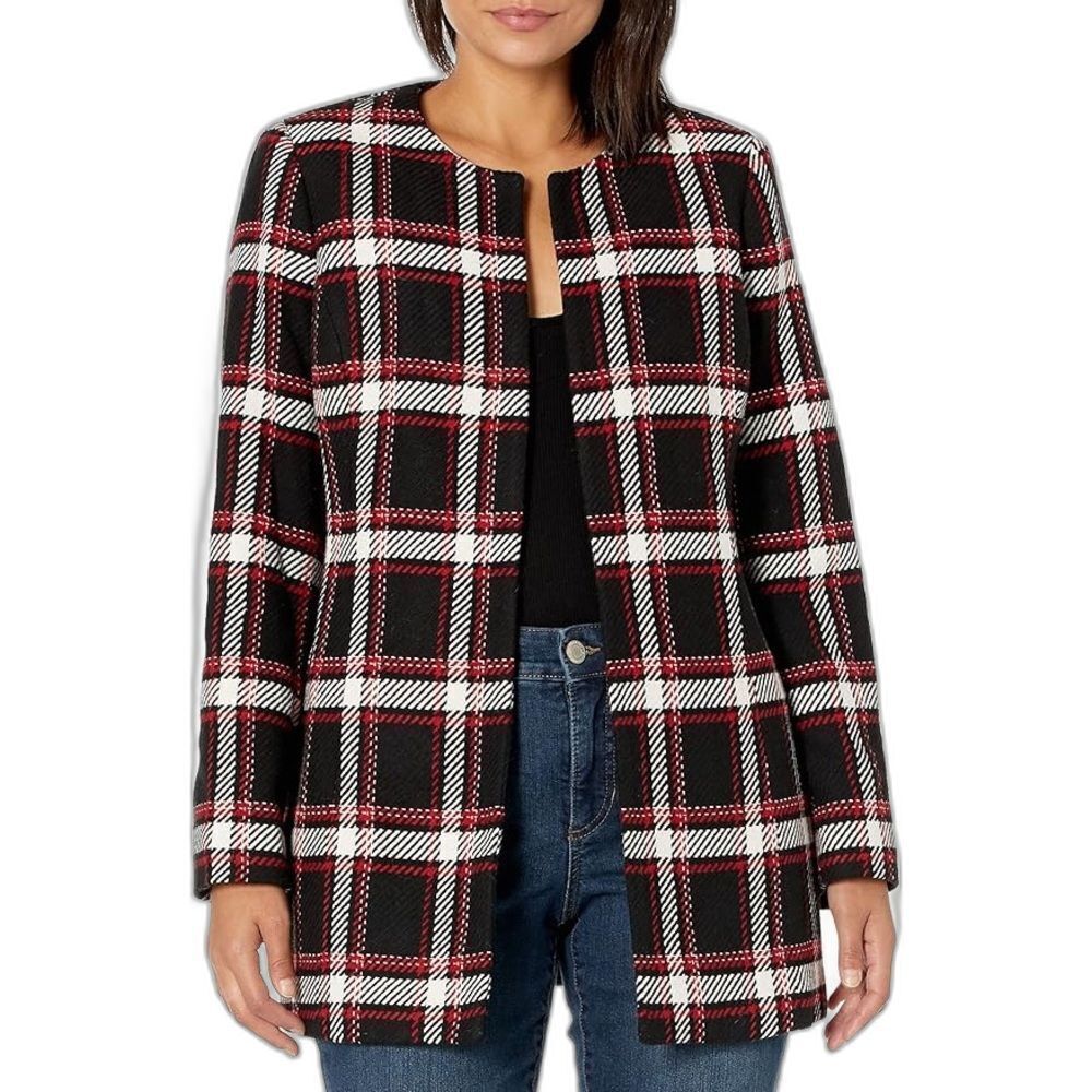 Kasper Jacket/Topper Women's Size 6 Red & Black Plaid Long Sleeve Open Front